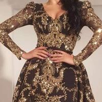 Luxury Black Gold Glitter Mermaid Long Sleeves Evening Dress 2019 Saudi Arabia Dubai Moroccan Removable Train Muslim Prom Dress - Thumbnail 4