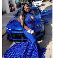 Royal Blue Prom Dresses New Sexy Sleeveless Mermaid African 3D Rose Floral Flowers Evening Gowns Sweep Train Halter Vestidos - Thumbnail 1