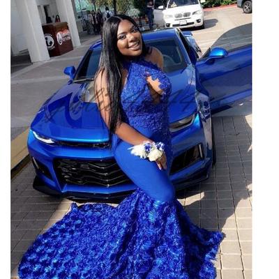 Royal blue prom dresses new sexy sleeveless mermaid african 3d rose floral flowers evening gowns sweep train halter vestidos