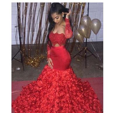  Prom Dresses 3D Rose Flowers for Women Party Wear Backless Dubai Caftan Red Long Sleeve Two Pieces Evening Gowns