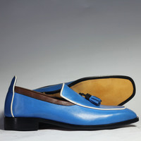 Handmade Blue Tussles Loafer Leather Shoes For Men's - Thumbnail 1