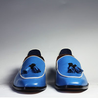 Handmade Blue Tussles Loafer Leather Shoes For Men's - Thumbnail 4