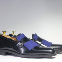 Handmade Black Fringe Loafer Leather Shoes For Men's - Thumbnail 2