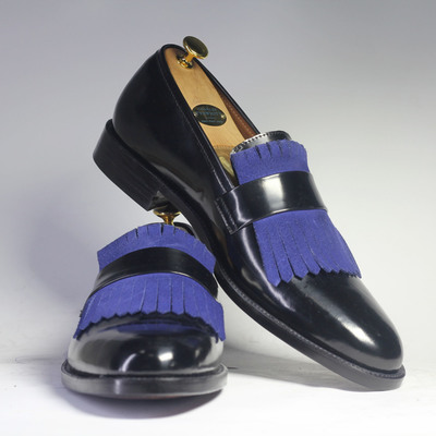 Handmade black fringe loafer leather shoes for men's - Thumbnail 3