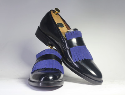 Handmade Black Fringe Loafer Leather Shoes For Men's