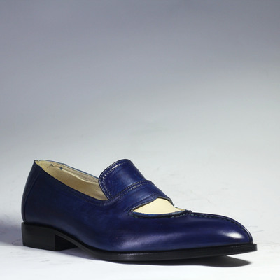 Men's handmade blue white split toe loafers leather shoes  - Thumbnail 3