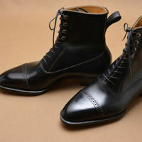 Handmade Men Black leather ankle boots, Men lace up boots, Men Cap toe boots - Thumbnail 1