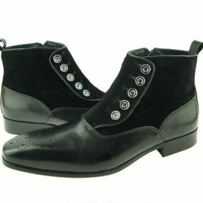 Handmade men black formal boot, men button up boot, suede and leather ankle boot