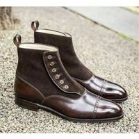 Mens Handmade Shoes Two Tone Blue Leather Beige Suede Button Formal Dress Boots - Thumbnail 3