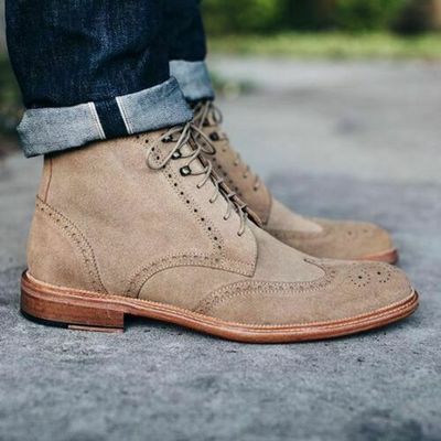 New handmade mens brogue wingtip beige suede boots, leather boots for men - Thumbnail 5