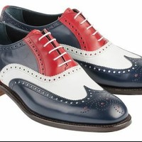 Three Tone Red Black White Premium Leather Wing Tip Rounded Brogue Toe Men Shoes - Thumbnail 1