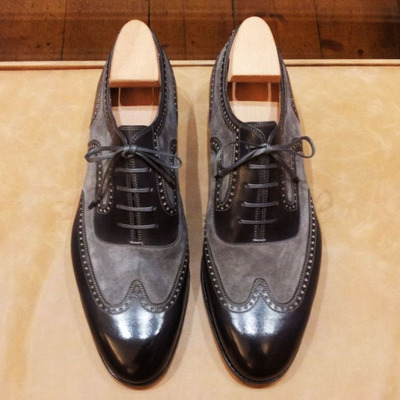 Handmade men’s black grey leather & suede shoes,men wing tip lace up dress shoes