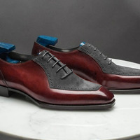 Handmade Gray Burgundy Leather & Suede Shoes, Men's Square Toe Dress Shoes - Thumbnail 1
