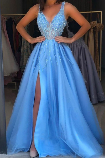 V Neck Slit Side Blue Prom Dresses with Beaded