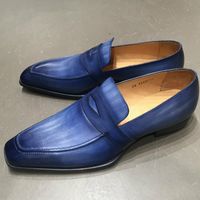Handmade Blue Patina Loafers for Mens Custom Made Premium Quality Slip On Shoes - Thumbnail 4