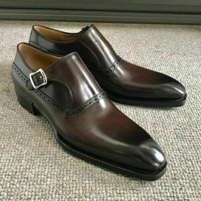 Men's handmade brown leather fashion shoes monk brogue strap dress formal shoes