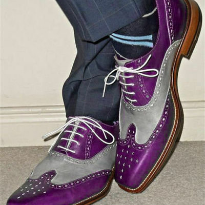 Handmade men's fashion wingtip two tone shoes, men purple and gray brogue shoes