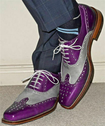 Handmade men's fashion wingtip two tone shoes, Men Purple and gray brogue shoes