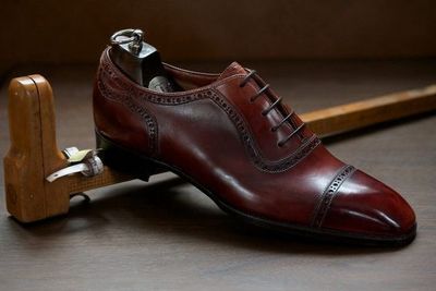 Made To Order Two Tone Maroon Red Rounded Cap Toe Genuine Leather Lace up Shoes