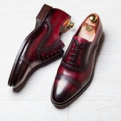 Men's oxford two tone maroon red burnished cap toe genuine leather lace up shoes