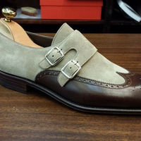 Monk Gray Brown Burnished Toe Double Buckle Straps Genuine Leather Men Shoes - Thumbnail 3