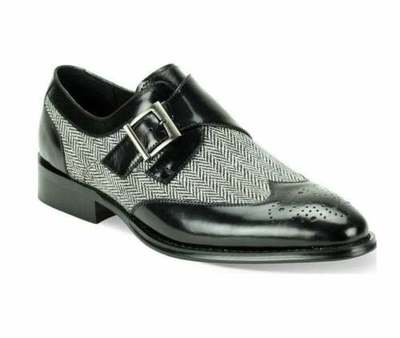 Men's handmade black leather with tweed monk shoes men's brogue wingtip shoes