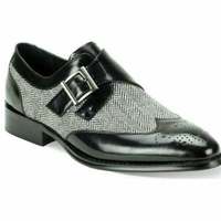 Men's handmade black leather with tweed monk shoes men's brogue wingtip shoes - Thumbnail 3