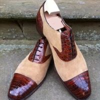 Men's Handmade Leather Brown Suede Beige Fashion Dress Shoes Men's Formal Shoes - Thumbnail 2