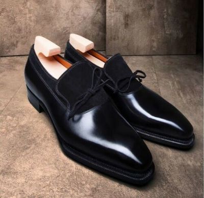 Handmade Men's Lace Up Shoes, Men's Black Leather Suede Shoes