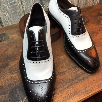 Oxford two tone black white contrast spectator brogue toe genuine leather shoes