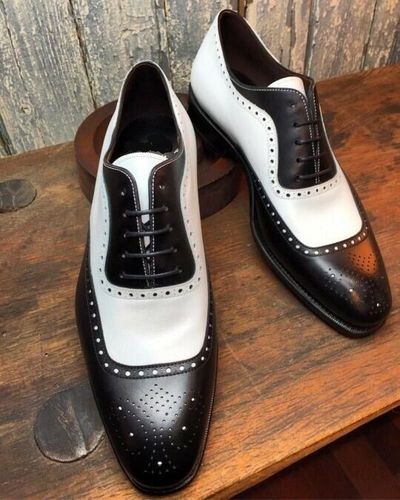 Oxford Two Tone Black White Contrast Spectator Brogue Toe Genuine Leather Shoes