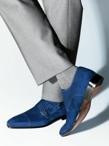 Handmade men monk strap shoes, suede shoes, men blue shoes, formal dress