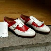 Red White Monk Single Buckle Strap Fringes Rounded Medallion Toe Leather Shoes - Thumbnail 4
