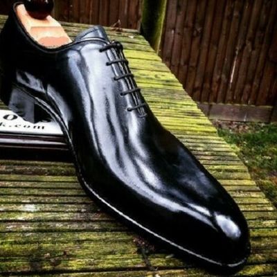 Handmade men's leather oxford shiny black plain rounded burnished toe shoes