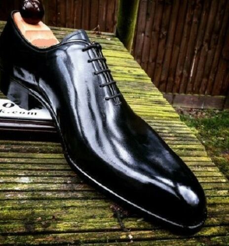 Handmade Men's Leather Oxford Shiny Black Plain Rounded Burnished Toe Shoes