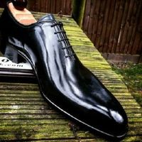 Handmade Men's Leather Oxford Shiny Black Plain Rounded Burnished Toe Shoes - Thumbnail 4