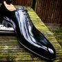 Handmade Men's Leather Oxford Shiny Black Plain Rounded Burnished Toe Shoes-4