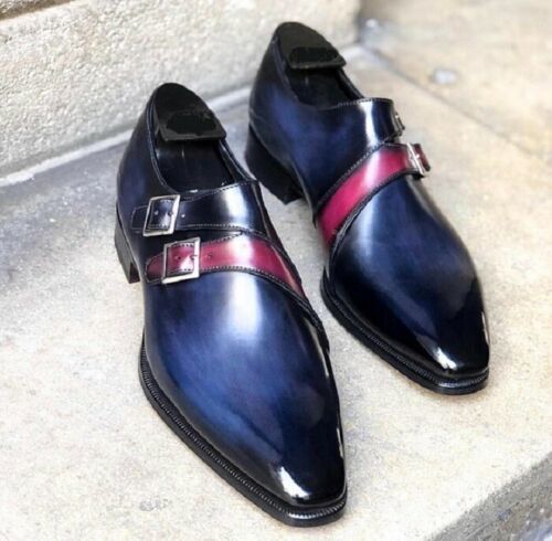 New Men's Handmade Blue Double Monk Leather Shoes, Men Dress Buckle Shoes