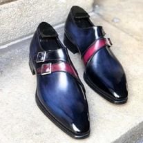 New Men's Handmade Blue Double Monk Leather Shoes, Men Dress Buckle Shoes