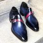 New Men's Handmade Blue Double Monk Leather Shoes, Men Dress Buckle Shoes-4