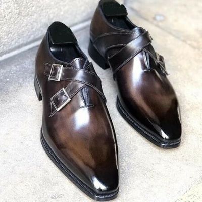 New men's handmade dark brown double monk leather shoes, men dress buckle shoes