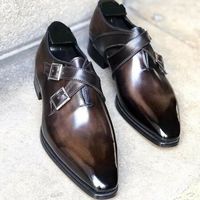New Men's Handmade Dark Brown Double Monk Leather Shoes, Men Dress Buckle Shoes - Thumbnail 4