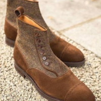 Men's Brown Tweed Handmade Cap Toe Slip On High Ankle Suede Leather Button Boots - Thumbnail 1