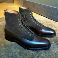 Handmade Leather Suede Boot Ankle High Dark Brown Gray Men's Lace Up Dress Boot - Thumbnail 1