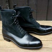 Handmade Men’s Black Suede Lace Up Boots,Leather High Ankle Cap Toe Boots - Thumbnail 4