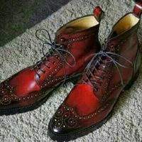 Handmade Burgundy Leather Boot Men's Ankle High Wing Tip Brogue Lace up Boot - Thumbnail 3