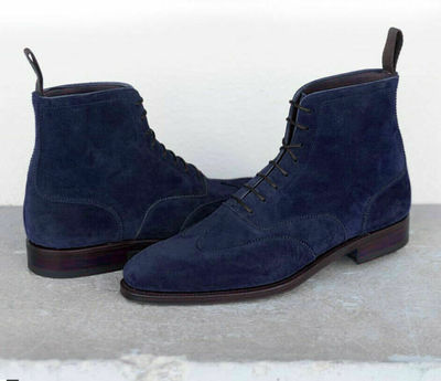 Handmade Men's Ankle High Navy Blue Wing Tip Suede Lace Up Boots