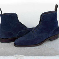 Handmade Men's Ankle High Navy Blue Wing Tip Suede Lace Up Boots - Thumbnail 4