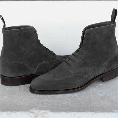 Handmade men's ankle high gray wing tip suede lace up boots for men's