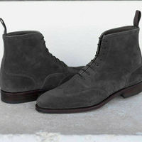Handmade Men's Ankle High Gray Wing Tip Suede Lace Up Boots for Men's - Thumbnail 4